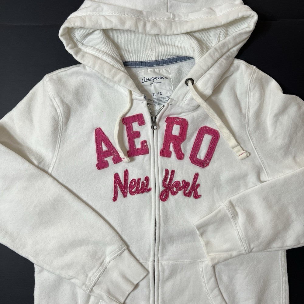 Vintage Aeropostale Thermal Lined Hoodie Fullzip Youth XL Y2K Classic White Pink